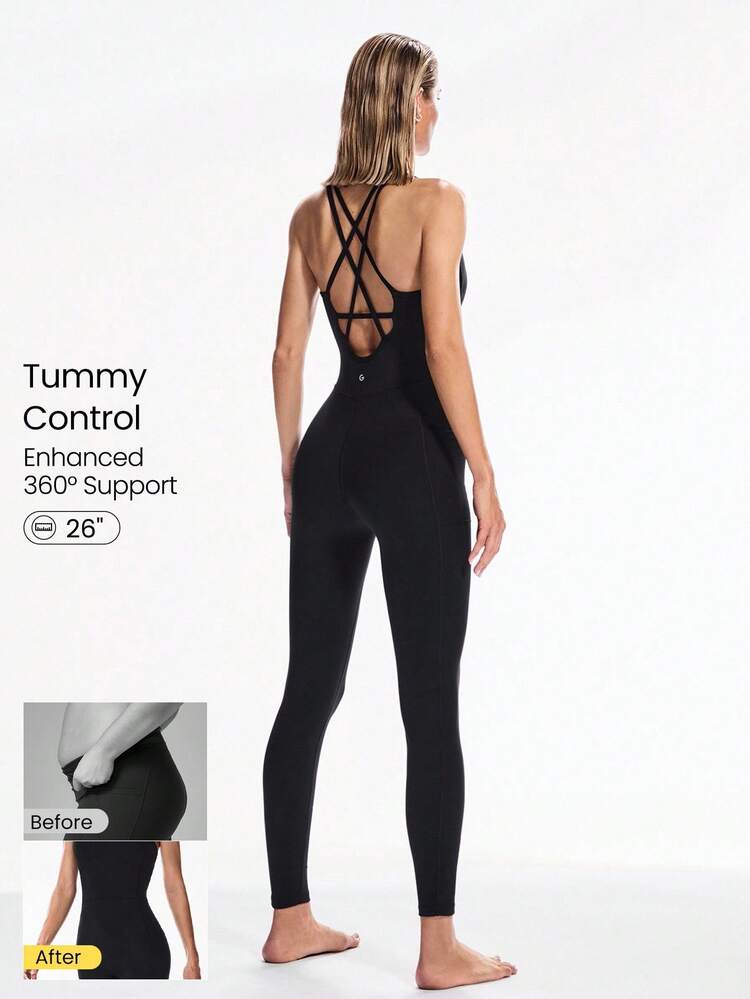 26" FeatherFit™ Strap It Good Tummy Control Crisscross Strap Open Back Movement Romper Bodysuit Light Support Low Impact