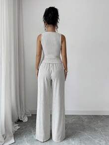 Selianne Elenzga Women's Fashionable Solid Color Textured 2-Piece Set, Including Sleeveless Crew Neck Button Fitted Tank Top And High Waist Loose Straight Leg Pants, Elegant Commuter Style - Apricot - View 2