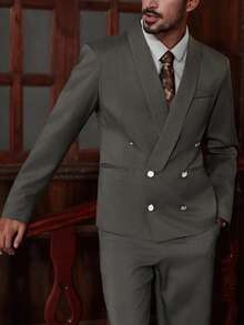 Manfinity Bizformal 1 件男士灰色双排扣西装外套，商务休闲正装，时尚通勤百搭西装外套，送给丈夫、男朋友的首选男士双排扣西装外套双排扣西装外套男士男士西装外套 - 咖啡棕 - 查看 1