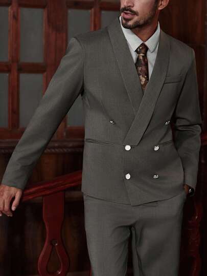 Manfinity Bizformal 1pc Men's Grey Double-Breasted Suit Jacket, Business Casual Formal Wear, Fashion Commuter Versatile Suit Jacket, Gift For Husband, Boyfriend First Choice Men Double Breasted Blazer Double Breasted Blazer Men Men Blazer Suit Men Suit Jackets