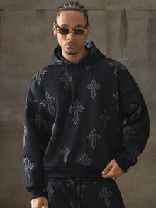 AXEPEAK Sudadera con capucha y pantalón de chándal con estampado de cruz para hombre, conjunto casual para otoño e invierno - Negro - Ver 1