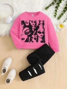 SHEIN Young Girl 2pcs/Set Knitted Character Print Loose Crop Sweatshirt And Leggings Outfits,Light Pink,Autumn,School,Back-To-School,Sport Style,Fleece - Pink - View 3