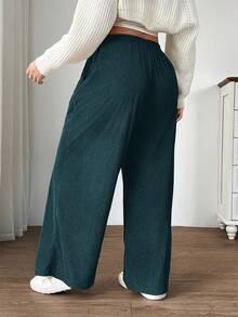 SHEIN EZwear 大码女式高腰宽松阔腿裤，灯芯绒面料，带口袋和贴布设计，适合校园、日常穿着和室内工作，深蓝色，秋冬 - 水鴨藍 - 查看 2