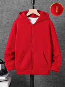SHEIN 1 Stück Lässige Sportswear Collegestyle Retro Loose Fit Kapuzenjacke mit Pattentaschen für Tween-Jungen, geeignet für Einschulungen, Geburtstagsfeiern, Abendveranstaltungen, Aufführungen, Hochzeiten, Taufen, Eröffnungszeremonien, Alltagsnutzung, Schule, Reisen, Sport, Frühling und Herbst, Weihnachten - Rot - Übersicht 3