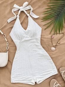 SHEIN Teen Girls Vacation White Knitted Crinkled Fabric Halter Neck Bow Jumpsuit, Snug Fit & Suitable For Party, Valentine's Day, Wear As Innerwear Or Outerwear