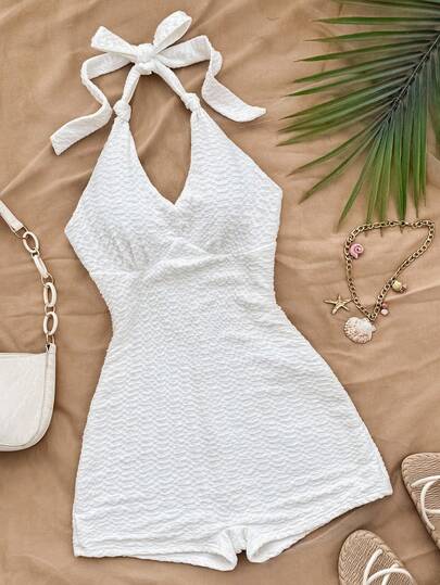 SHEIN Teen Girls Vacation White Knitted Crinkled Fabric Halter Neck Bow Jumpsuit, Snug Fit & Suitable For Party, Valentine's Day, Wear As Innerwear Or Outerwear