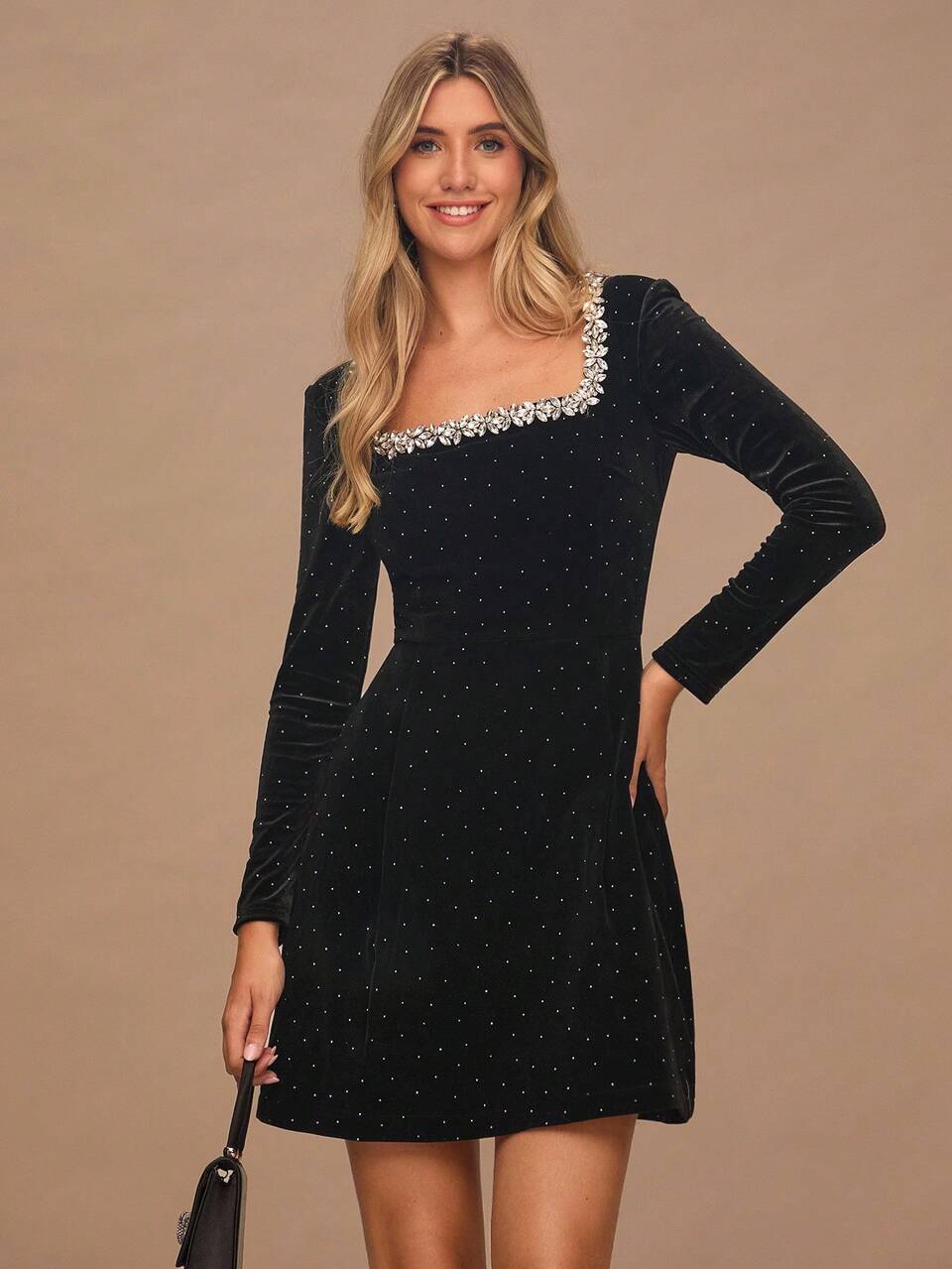 Enchnt Women's Elegant Black Velvet Square Neck Long Sleeve Mini Dress,Rhinestone Sparkle Decor,Chic For Bar Party&Holiday,Autumn Black And White Polka Dot