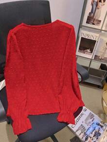 Franclia 1 chiếc áo cánh tay bồng phối ren màu trơn đơn giản dành cho nữ, quần áo mùa thu năm mới - Đỏ - Xem 2