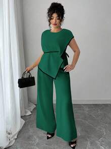 Elenzga Asymmetrical Waist Cinched Short Sleeve Plus Size 2 Pieces Set