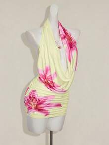 SHEIN ICON 女式性感花卉印花低胸露背迷你连衣裙，夏季 - 淡黃色 - 查看 7