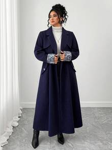 Elenzga Plus Size Women Elegant Jacquard Splice Navy Blue Long Sleeve Long Woolen Coat, Autumn/Winter Fall Cloth For Women - Navy Blue - View 5
