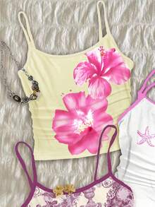 少女法式粉色天使雕像花卉图案、奶油色水彩花卉图案、粉色贝壳定位图案、撞色吊带背心、复古风、休闲度假风、时尚、可爱、Y2K 椰子女孩、波西米亚风度假、春假、早午餐