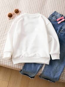 SHEIN 女孩休闲可爱宽松印花圆领长袖基本款卫衣，适合日常通勤、休闲、度假、与朋友聚会、街头摄影、秋冬 - 白色 - 查看 2