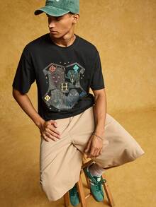 HARRY POTTER X SHEIN 男士休闲宽松动物徽章印花落肩黑色T恤，夏季 - 黑色 - 查看 8