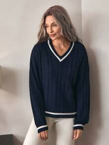 Louniche Maglione a maniche lunghe con spalle a caduta, lavorazione a trecce e bordo a righe - Blu Navy - Visualizzare 5