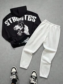 SHEIN 2 件套青少年男孩舒适宽松连帽衫，带肖像图案和白色运动裤，休闲运动服适合秋冬季场合，如郊游、聚会、学校 - 黑與白 - 查看 7
