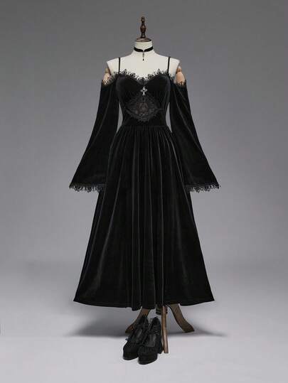 EDITION Vestido maxi de terciopelo de talla grande con hombros descubiertos, mangas acampanadas y abertura alta, con bordado de estilo gótico oscuro y de iglesia palaciega para Halloween
