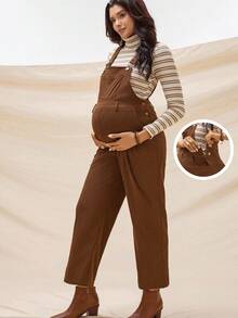 Boho Mama 2-Piece Maternity Khaki Striped Turtleneck Top & Solid Adjustable Shoulder Strap Jumpsuit Set,Bohemian Style Autumn Casual Photoshoot Rave Outfits - Khaki - View 5