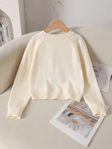 Suéter informal de punto para niñas preadolescentes con patrón floral de manga larga, cuello redondo, suelto y suave, adecuado para uso diario y ocasiones festivas, otoño/invierno - Albaricoque - Ver 2