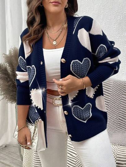 Elenzga Cardigan casual cu imprimeu de inimă și blocuri de culoare, mărime plus, toamnă/iarnă