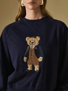 Briarwyn Casual Bear Embroidery Crew Neck Sweatshirt, Autumn/Winter,Fall For Women,Fall For Women,Old Money Style - Royal Blue - View 3