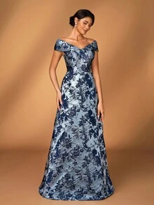 Serin Váy maxi satin jacquard trễ vai sang trọng thanh lịch, phù hợp cho đám cưới, tiệc tùng, kỳ nghỉ, dạ hội, dạ hội, mẹ cô dâu - Màu xanh lam - Xem 7