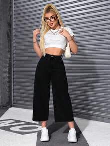 SHEIN ICON 冬季加大码女式经典时尚阔腿牛仔裤 - 黑色 - 查看 3