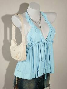 SHEIN ICON Áo hai dây cổ yếm đơn giản màu đen trơn viền bèo nhún - Màu xanh nhạt - Xem 7