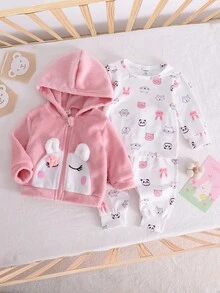 Baby Girls' Pink Rabbit Animal Plush Jacket & Pants Casual Comfortable Loungewear Set Fall Winter - Pink - View 3