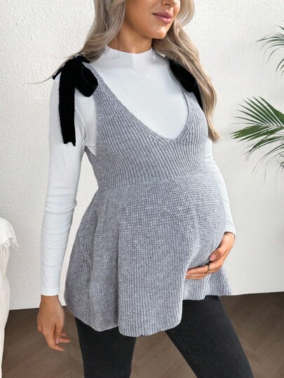 SHEIN Maternity Sweater Casual Bow Ruffle Trim Vest