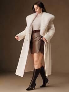 Anewsta Women's Fashionable Ivory Long Overcoat With Fluffy Collar And Double-Breasted Design, Plus Size, Autumn/Winter - White - View 7