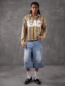 PAVTROS Manfinity Streetrush Men's Yellow Plaid Creative Letter Pattern Rhinestone Embellished Long Sleeve Shirt,Rhinestone,Halloween,Halloween Party,Streetwear Peace Shirt Graphic Shirt Men Vintage Shirt Yellow Plaid Shirt Men Streetwear Shirt, Fall