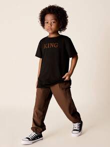 2pcs/Set Young Boys Casual Comfortable Versatile Short Sleeve T-Shirt And Drawstring Pants Set, Suitable For Spring/Summer Outdoor Wear - Brown - View 1
