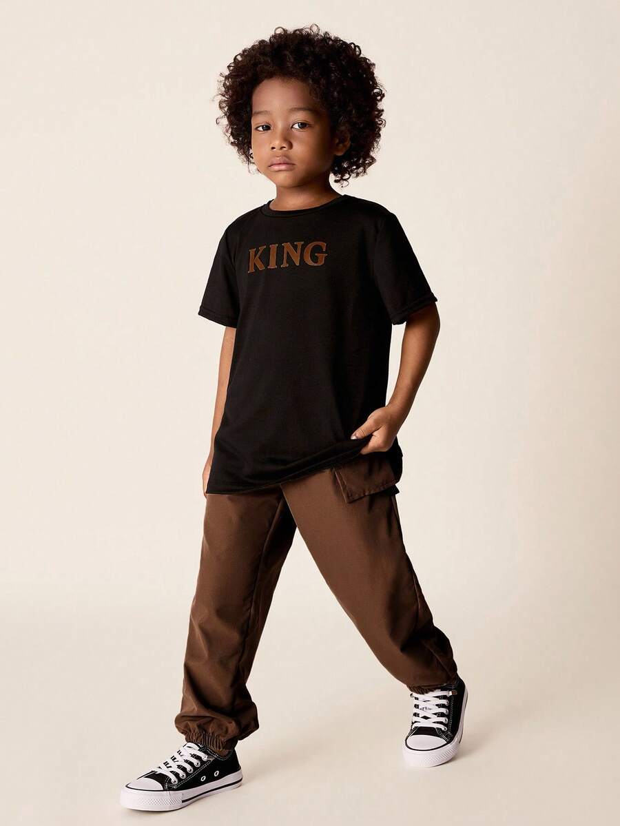 2pcs/Set Young Boys Casual Comfortable Versatile Short Sleeve T-Shirt And Drawstring Pants Set, Suitable For Spring/Summer Outdoor Wear - Brown - View 1