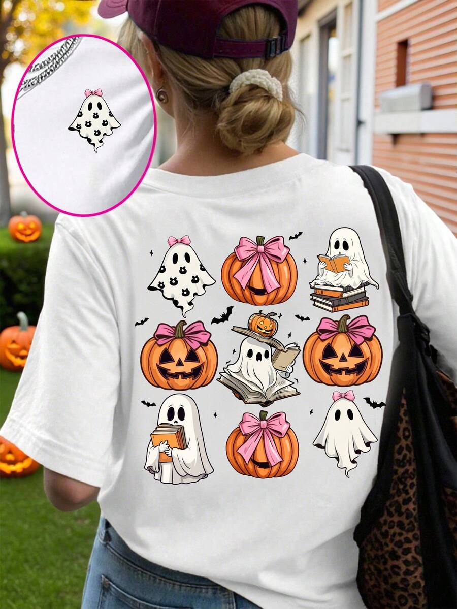 SHEIN 女式秋季万圣节休闲创意南瓜、蝴蝶结、鬼与妖精图案印花圆领短袖 T 恤，节日风格 - 白色 - 查看 1