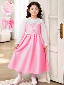 SHEIN Sparklyn 女童休闲优雅返校连衣裙，蕾丝领，蝴蝶结装饰，撞色拼接，适合春秋季节 - 粉色 - 查看 3