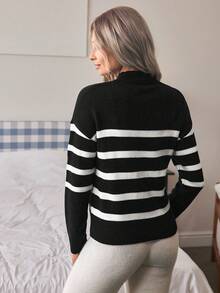 Louniche Striped Pattern Drop Shoulder Sweater - Black - View 2