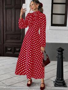 Pariaura 女士优雅波尔卡圆点腰收腰长袖连衣裙 - 紅色 - 查看 1