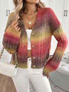 EMERY ROSE Gradient Dropped Shoulder Ribbed Knit Casual Cardigan, Blended Mohair Yarn Fall Winter Cloth For Women, Christmas