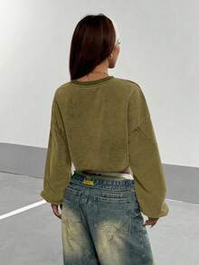 StreetHx Women's Solid Color Crew Neck Loose Boxy Cropped Washed Sweatshirt - Green - View 2