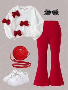 Elladie kids 2 件套年轻女孩可爱针织蝴蝶装饰圆领长袖上衣和红色喇叭裤，春秋 - 紅色 - 查看 3