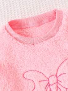 SHEIN 2 件套女婴时尚可爱舒适蝴蝶刺绣羊毛圆领长袖运动衫和裤子套装，秋冬 - 粉色 - 查看 8