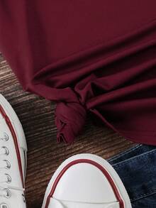 SHEIN 女士休闲撞色装饰圆领T恤，夏季 - 酒紅色 - 查看 4