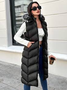 EURMUSE Fuzzy Trim Hooded Puffer Vest Coat - Black - View 1