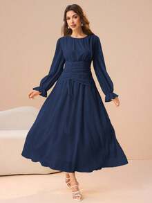 Modelyn Butter Yellow Round Neck Waist Ruched Design Flared Long Sleeve Dress