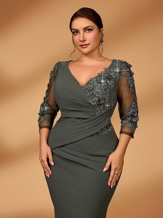 Serin Plus Size Autumn And Winter Elegant Gorgeous Luxury Lace Beads Applique See-Through Long Sleeves Spliced ​​Stretch Knit Gathered Fishtail Skirt Suitable For Wedding Events Bachelorette Party Holiday Dance Dinner Mother Of The Bride Dress Guest Dresses