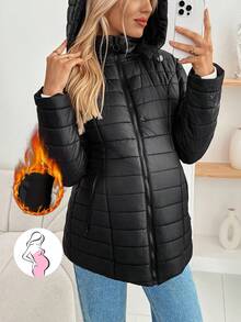 SHEIN 孕妇纯色长袖拉链前抽绳连帽休闲冬季夹克 - 黑色 - 查看 5