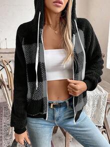 EMERY ROSE Women's Hooded Buffalo Plaid Fleece Zip-Up Jacket,Black Autumn Streetwear School Back-To-School Casual Plaid Sherpa Teddy Bear Hoodie Jacket - Grey - View 4