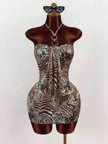 Amplova Vestido ajustado de mujer con tirantes finos y estampado de leopardo