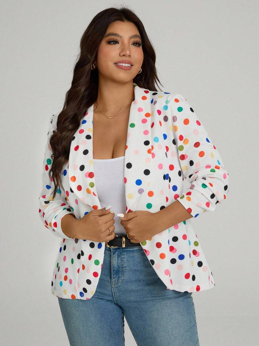Comfylo Plus Colorful Polka Dot Print Shawl Collar Open Front Blazer , Fall Autumn